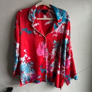 Natori Chianti Notch Front Button Up Top Satin‎ Top Sz M Longewear Relaxed Fit
